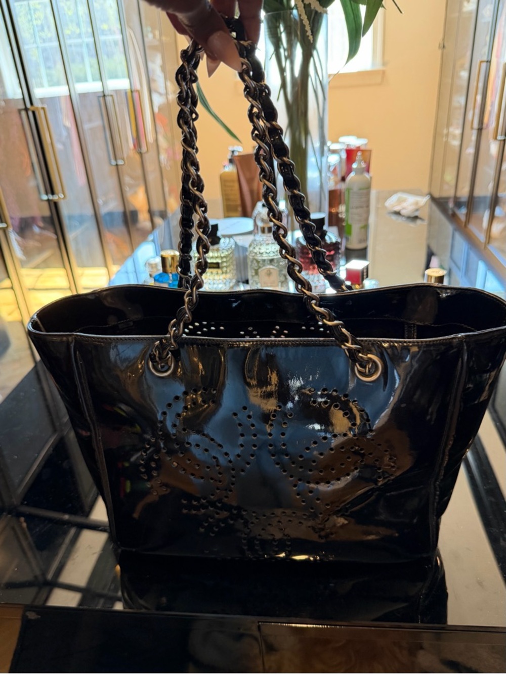 CHANEL Black Patent Leather Perforated Logo Tote with Chain-Strap Handles